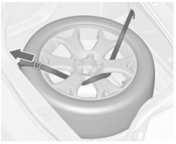 Rangement d'une roue remplacée dans le coffre à l'aide d'une sangle